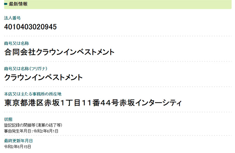 CROWN INVEST(クラウンインベスト)の運営会社は？　登記情報削除？